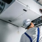 Man reaches up into HVAC unit