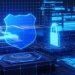 blue holographic depiction of a lock protecting a digital network