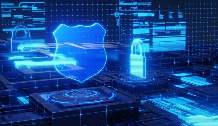 blue holographic depiction of a lock protecting a digital network