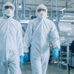 cleanroom workers in hazmat suits